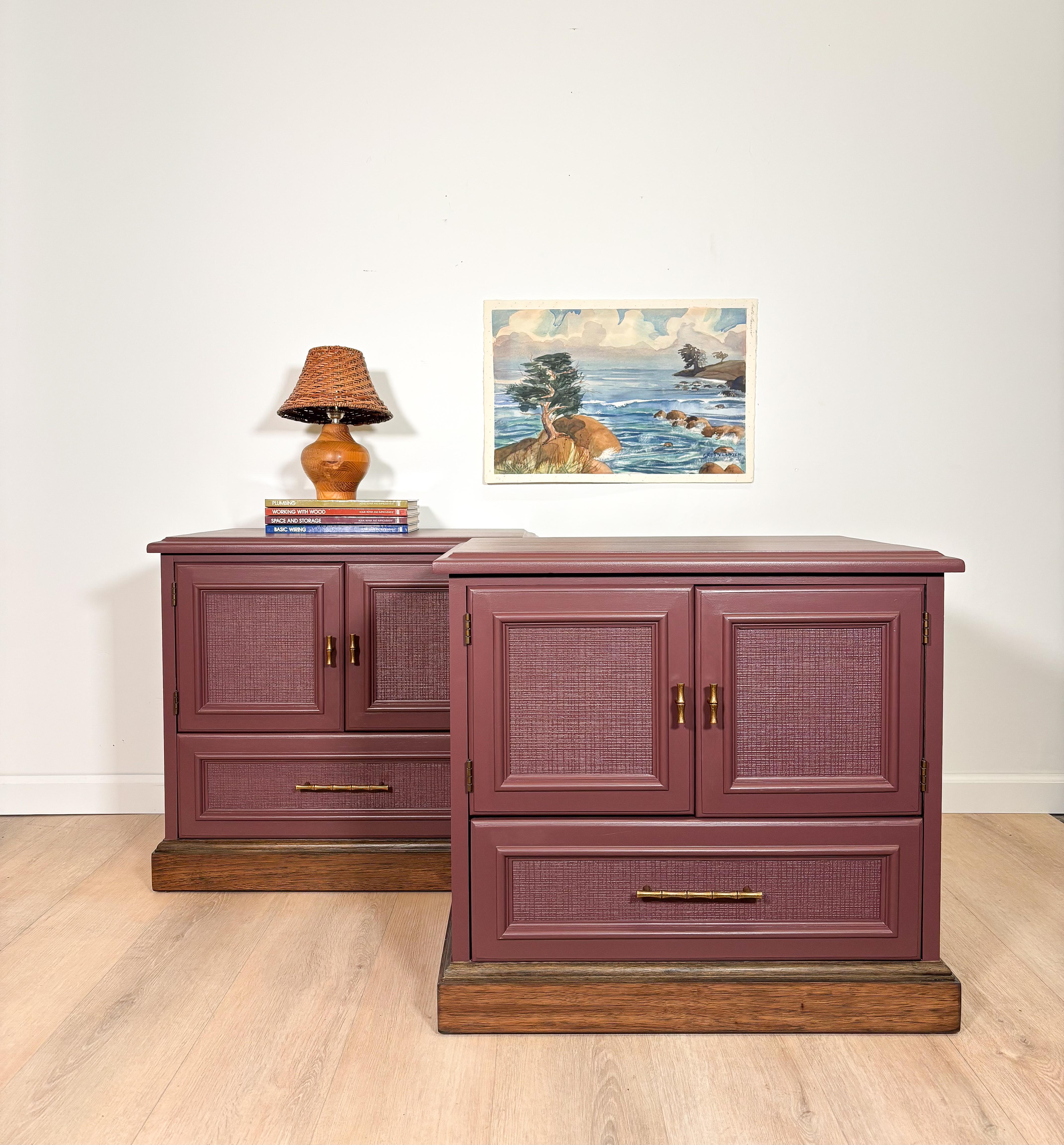 1970s Drexel Nightstand Set, Newly Refinished in Ruby Dusk by