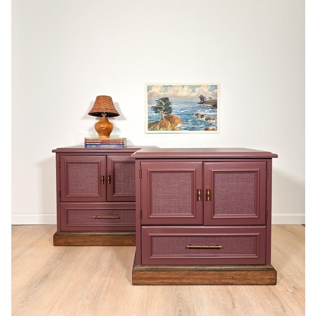 Chinoiserie 1970s Drexel Nightstand Set, Newly Refinished in Ruby Dusk by Benjamin Moore, A Pair For Sale - Image 3 of 11