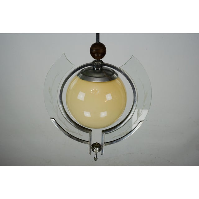 Metal Art Deco Italian Pendant Light with Etched Glass and Amber Globe, 1930s For Sale - Image 7 of 17