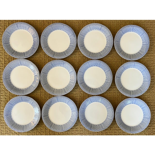 Mid 20th Century English Porcelain Blue and White Basketweave Plates for Salad, Cake or Hors d'Oeuvres - Set of 12 For Sale In New York - Image 6 of 16