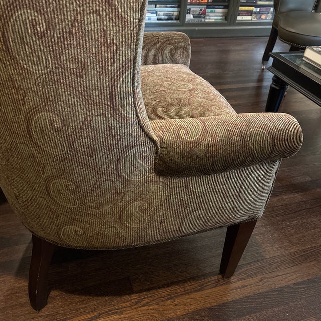 Pair of Custom Made Wingback Chairs in Paisley Corduroy, Perfect Condition For Sale - Image 9 of 12
