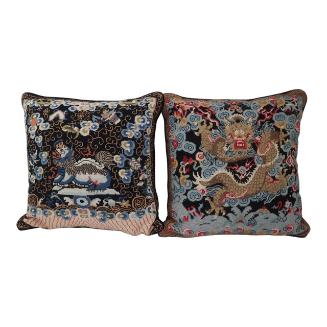Chinese Foo Dog Dragon Needlepoint Pillows A Pair Chairish