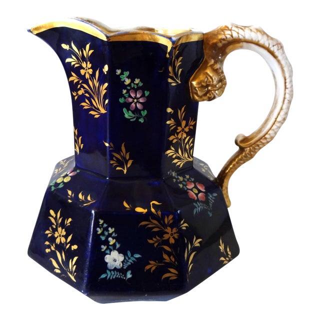Antique Mason's Staffordshire Ironstone Mazarine Cobalt Blue Pitcher W/ Enamel & Gilt Floral Sprigs Serpent "Hydra" Handle 1813-1820 For Sale