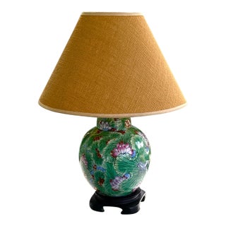 Mid 20th Century Green Asian Lotus Lamp With Jute Lamp Shade For Sale