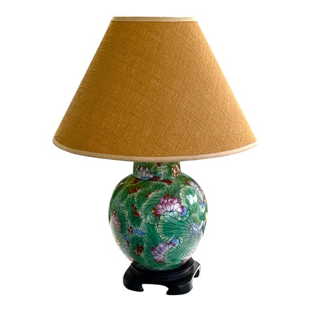 Mid 20th Century Green Asian Lotus Lamp With Jute Lamp Shade For Sale