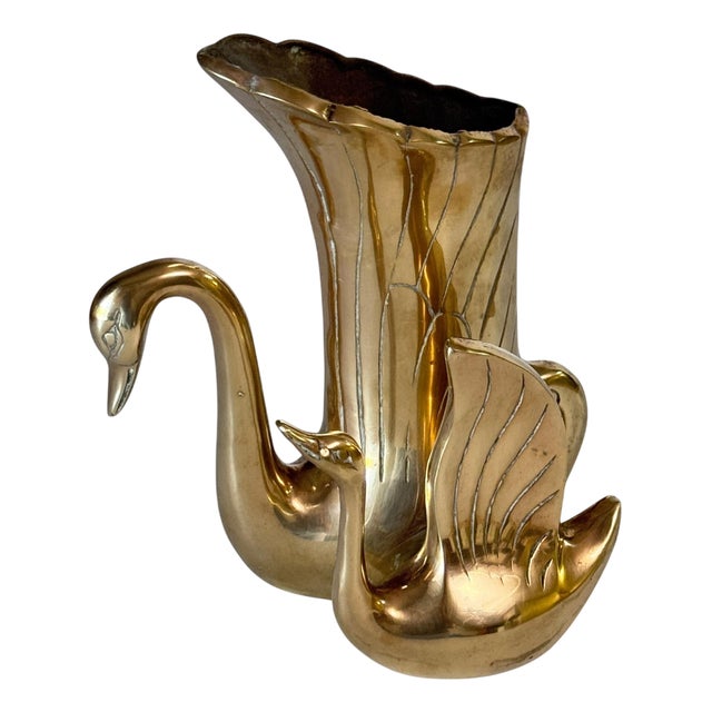 French Brass Swan Sculpture Vase Dual Swans, 1970s For Sale