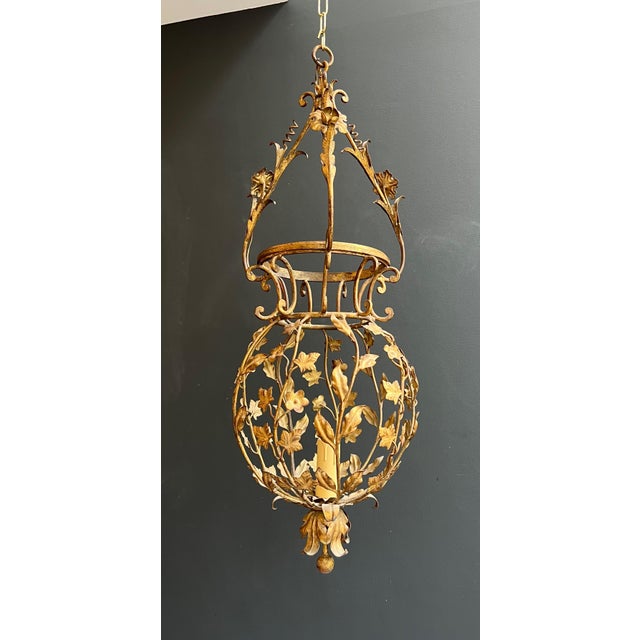 Mid-Century Modern 1940s Large gilded metal lantern with foliage decorations by Signe Palladio for Maison Baguès For Sale - Image 3 of 12