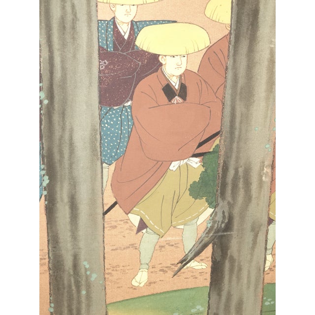 Vintage Japanese Byobu Four Panel Folding Screen Picture Caravan of Men Signed For Sale - Image 9 of 18