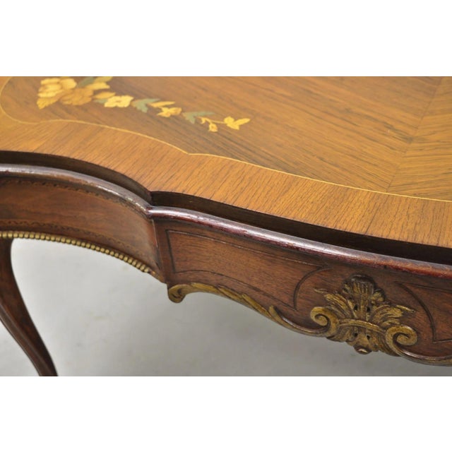 Antique French Louis XV Style Floral Inlay Walnut Coffee Table With Drawer For Sale - Image 10 of 15