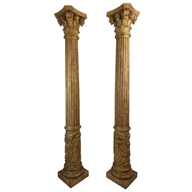 Carved and Gilded Wooden Columns with Figural Bases, 1920, Set of 2 For Sale - Image 4 of 10