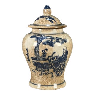 Chinese Blue & White Crackle Glaze Porcelain Covered Jar With Figural Scene For Sale