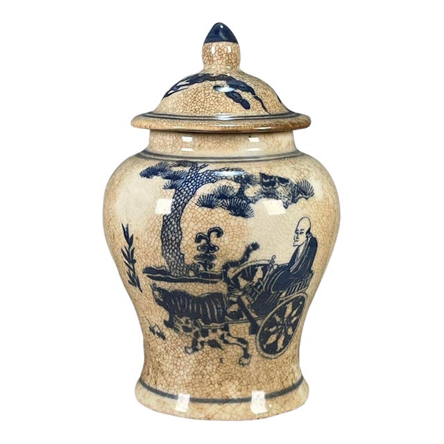Chinese Blue & White Crackle Glaze Porcelain Covered Jar With Figural Scene For Sale