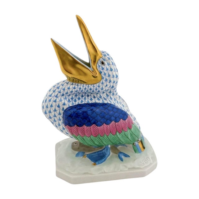 Late 20th Century Late 20th Century Herend Blue Fishnet Large Pelican Figurine For Sale - Image 5 of 7