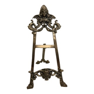 Vintage Brass Easel Ornate Tripod Art Stand With Winged Minerva & Poseidon For Sale
