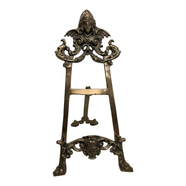 Vintage Brass Easel Ornate Tripod Art Stand With Winged Minerva & Poseidon For Sale