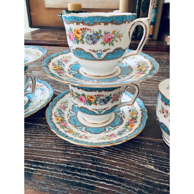 Crown Staffordshire Vintage Crown Staffordshire Lyric Tunis Blue Fine Bone China Teacups & Saucers – 13 Pieces For Sale - Image 4 of 12