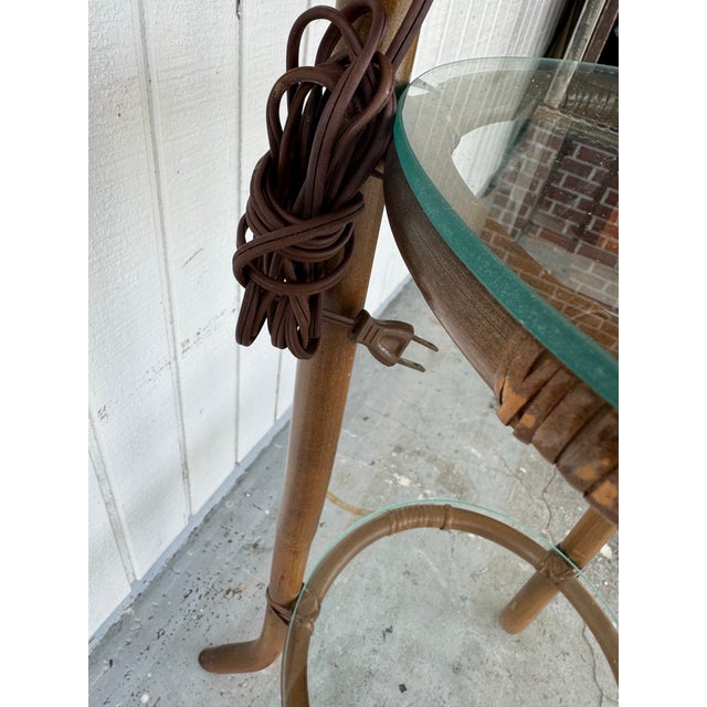 Vintage 50’s 60’s Boho Coastal Rattan Glass Shelf Floor Lamp For Sale In West Palm - Image 6 of 9
