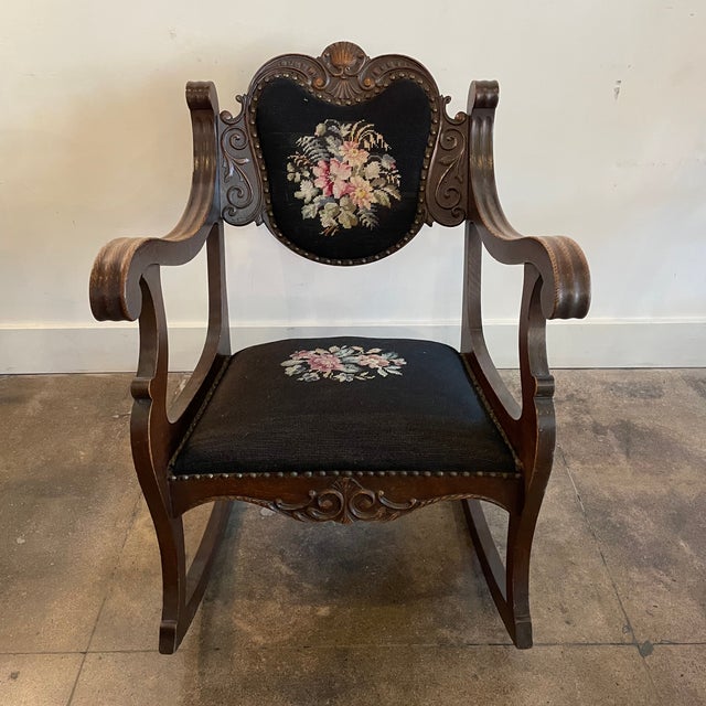 1930s Antique Carved Wood Needlepoint Rocking Chair | Chairish