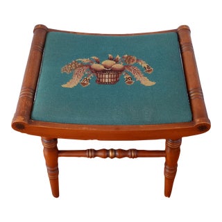 Vintage L Hitchcock Colonial Maple Stenciled Needlepoint Foot Stool Vanity Bench For Sale