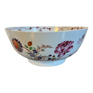 Large Antique Early 19th Century Chinese Export Porcelain Famille Rose Punch Bowl Painted With Exuberant Flowers For Sale