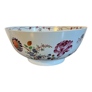 Large Antique Early 19th Century Chinese Export Porcelain Famille Rose Punch Bowl Painted With Exuberant Flowers