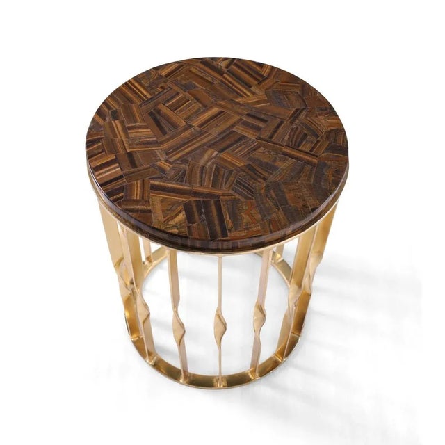 Enhance your home decor with the striking beauty of this Handmade Golden Tiger Eye Semiprecious Stone 18" Round Side...