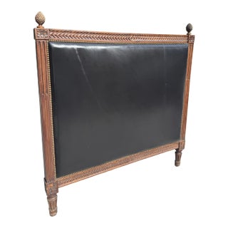 Antique Neoclassical Carved Wood & Black Leather Full-Size Headboard, Fluted Posts & Pinecone Finials For Sale