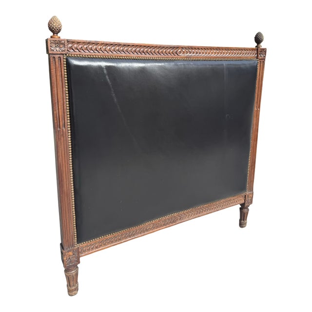 Antique Neoclassical Carved Wood & Black Leather Full-Size Headboard, Fluted Posts & Pinecone Finials For Sale