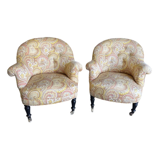Antique French Tufted Crapaud Slipper Club Chairs With Casters - A Pair For Sale