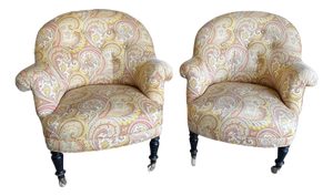 Antique French Tufted Crapaud Slipper Club Chairs With Casters - A Pair