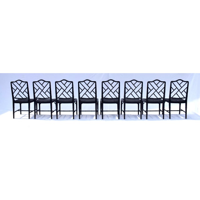 A set of eight vintage Chinese Chippendale faux bamboo cane dining chairs with hand oiled & rubbed lacquered wood frames...