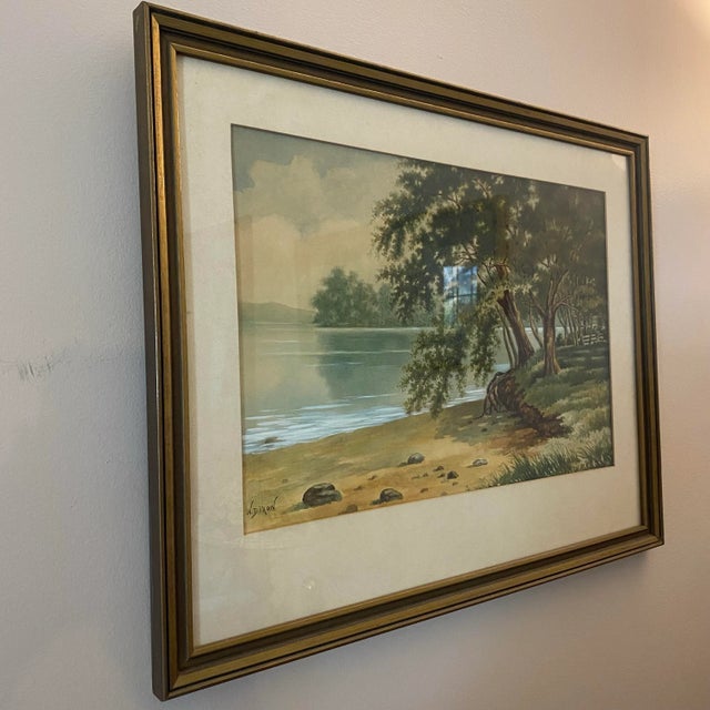 Vintage W Dixon Signed Landscape Watercolor Lake Scene Framed Wall Art A tranquil vintage watercolor landscape signed W....