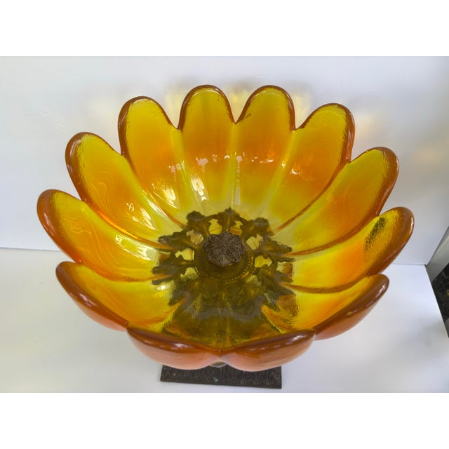 Vintage Hollywood Regency Amber Glass Floral Centerpiece Bowl With Crystal Prisms & Marble Base For Sale In Orlando - Image 6 of 12