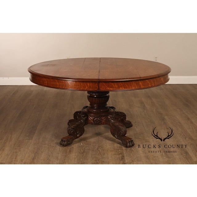 Antique 57" Round Oak Pedestal Dining Table With Carved Claw Feet For Sale In Philadelphia - Image 6 of 18