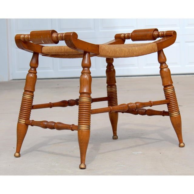 1950s Vintage Hitchcock-Style Maple Bench With Woven Rush Seat & Gold Stenciling For Sale - Image 5 of 18