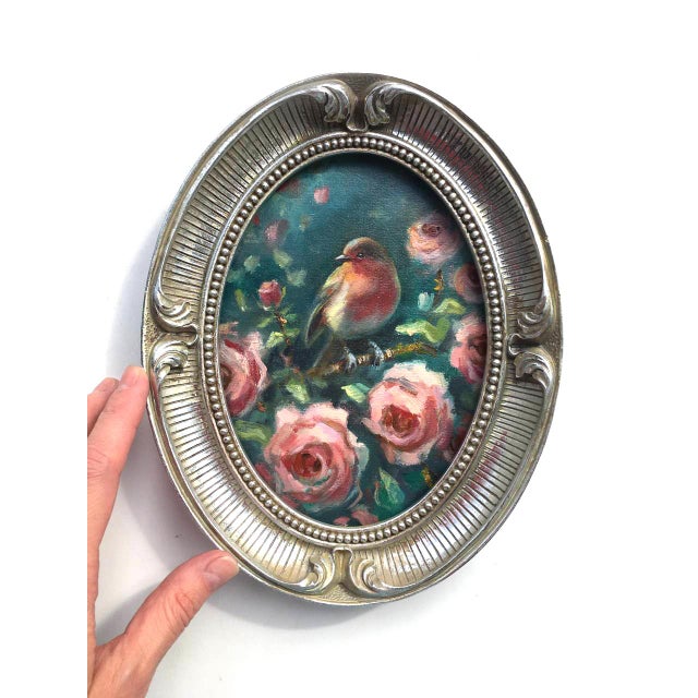 Realism Framed Original Painting Robin Bird Roses Oval Wall Decor by Artist Valeriya Serova For Sale - Image 3 of 9