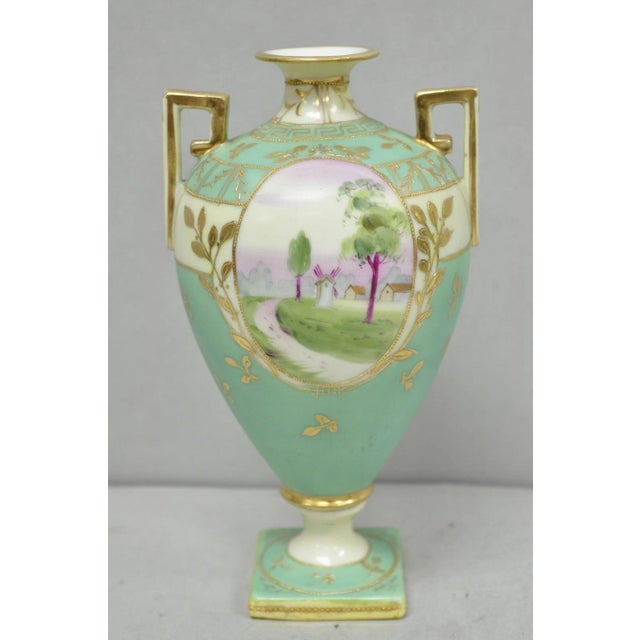 Antique Nippon Porcelain Hand Painted Windmill Scene Green Small Bolted Vase (B) For Sale - Image 15 of 15