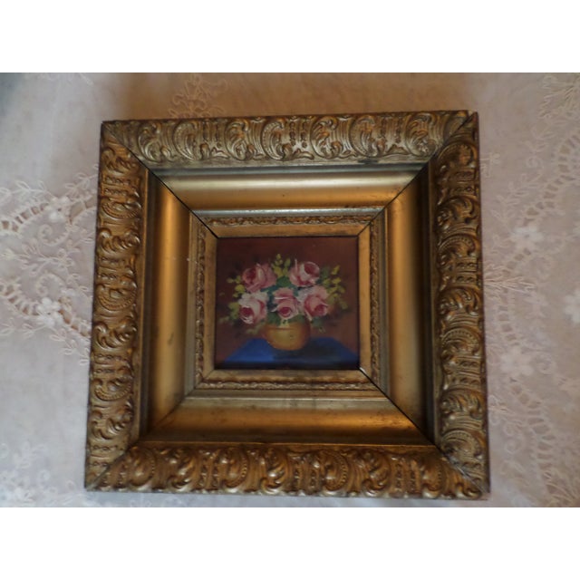 Antique Flowers in Vase Oil on Board in Ornate Baroque Wood & Gesso Frame For Sale - Image 10 of 10