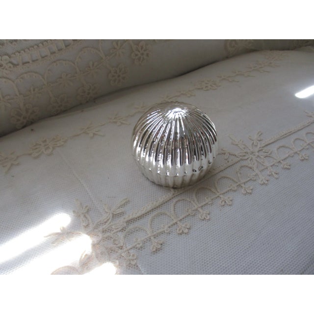 Vintage German Glass Diorama Ribbed Back Wired Blue Ball Christmas Ornament For Sale - Image 4 of 5