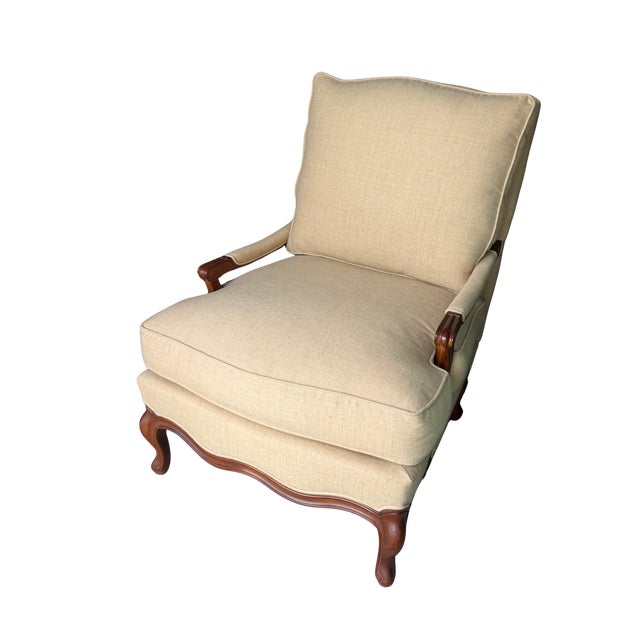Pair of Vintage Hickory Chair Louis XV Bergère Armchairs – French Provincial Upholstered Accent Chair With Carved Wood Frame For Sale - Image 15 of 16