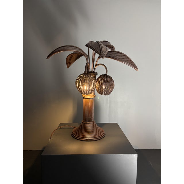 Wood Pencil Reed Rattan Palm Tree Table Lamp in the style of Mario Lopez Torres, 1970s For Sale - Image 7 of 17
