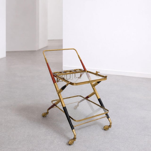 Italian Mid Century Modern Trolley Bar Cart Brass Glass Attributed to Cesare Lacca, 1950s For Sale - Image 9 of 9