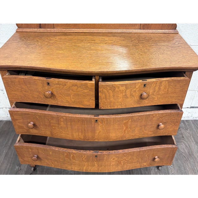 Wood Antique Victorian Quarter Sawn Tiger Oak Serpentine Dresser With Mirror For Sale - Image 7 of 11