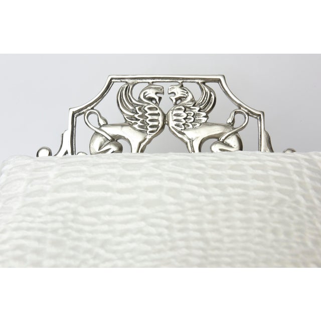 1930s Vintage Art Deco Nickel Silver Griffin and Gargoyle Bench With Off White Cushion ,Style of Oscar Bach For Sale - Image 5 of 10