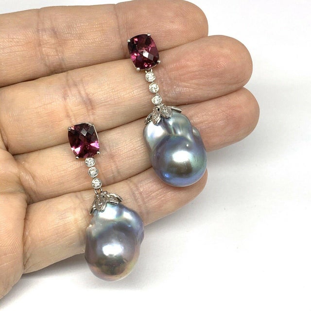 Diamond Rubellite Tourmaline Pearl Earrings 18k Gold 6.25 TCW Certified For Sale - Image 10 of 10