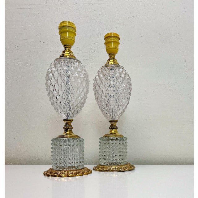 Cut Glass-Crystal & Brass Table Lamps in Pineapple Shape, 1960s, Set of 2 For Sale - Image 4 of 17