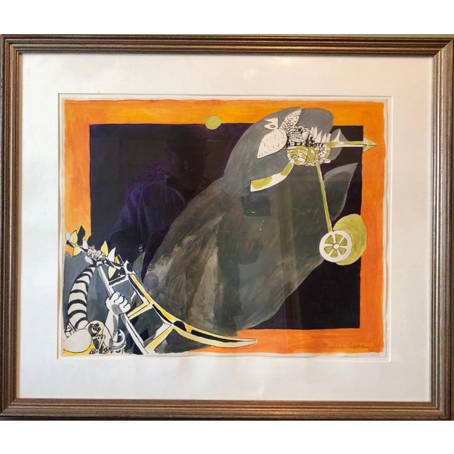 Naftali Bezem, Rare German Israeli Surrealist Judaica Abstract Gouache Watercolor Painting, 1977 For Sale