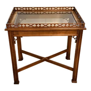 Vintage Chippendale Glass Top Mahogany Side Table.
