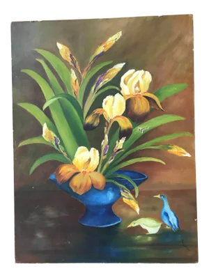 Mid Century Blue Vase & Floral Still Life Oil Painting by Boston American Artist Frank Clinton Brown