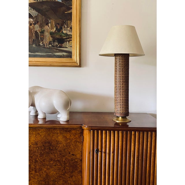 Hollywood regency brass and Vienna straw lamp base Italy 1970s Italian manufacture, late 1960s early 1970s Lampshade is...